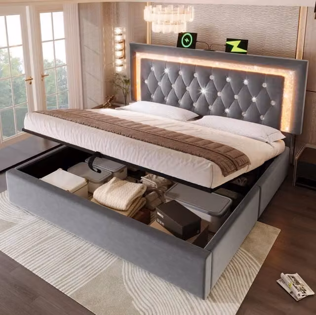 Letto imbottito 140x200 cm con materasso, LED, contenitore e ricarica USB/Type-C in velluto grigio