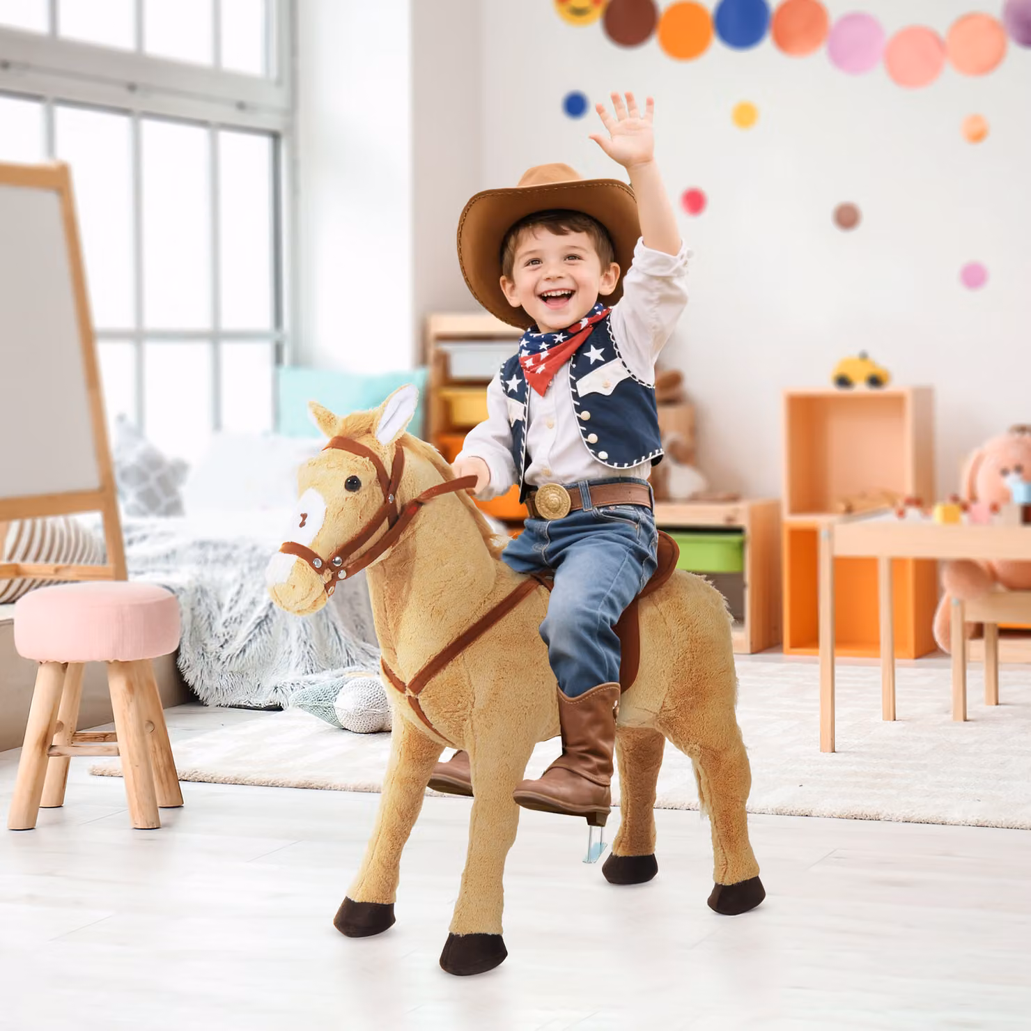 Cavallo a dondolo HOMCOM con suoni realistici, sella, briglie e poggiapiedi, Beige, H 60 x L 85 x P 28 cm – 2