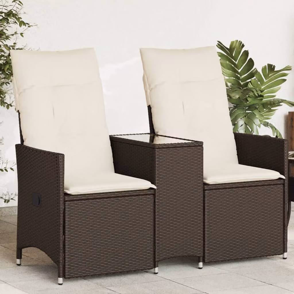Set da giardino vidaXL composto da divano reclinabile a 2 posti con cuscini e tavolino in polyrattan marrone e bianco