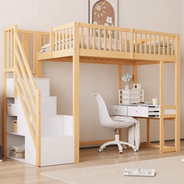 Letto a soppalco 90 × 200 cm con scrivania e gradini contenitore, senza materasso, legno bianco rovere