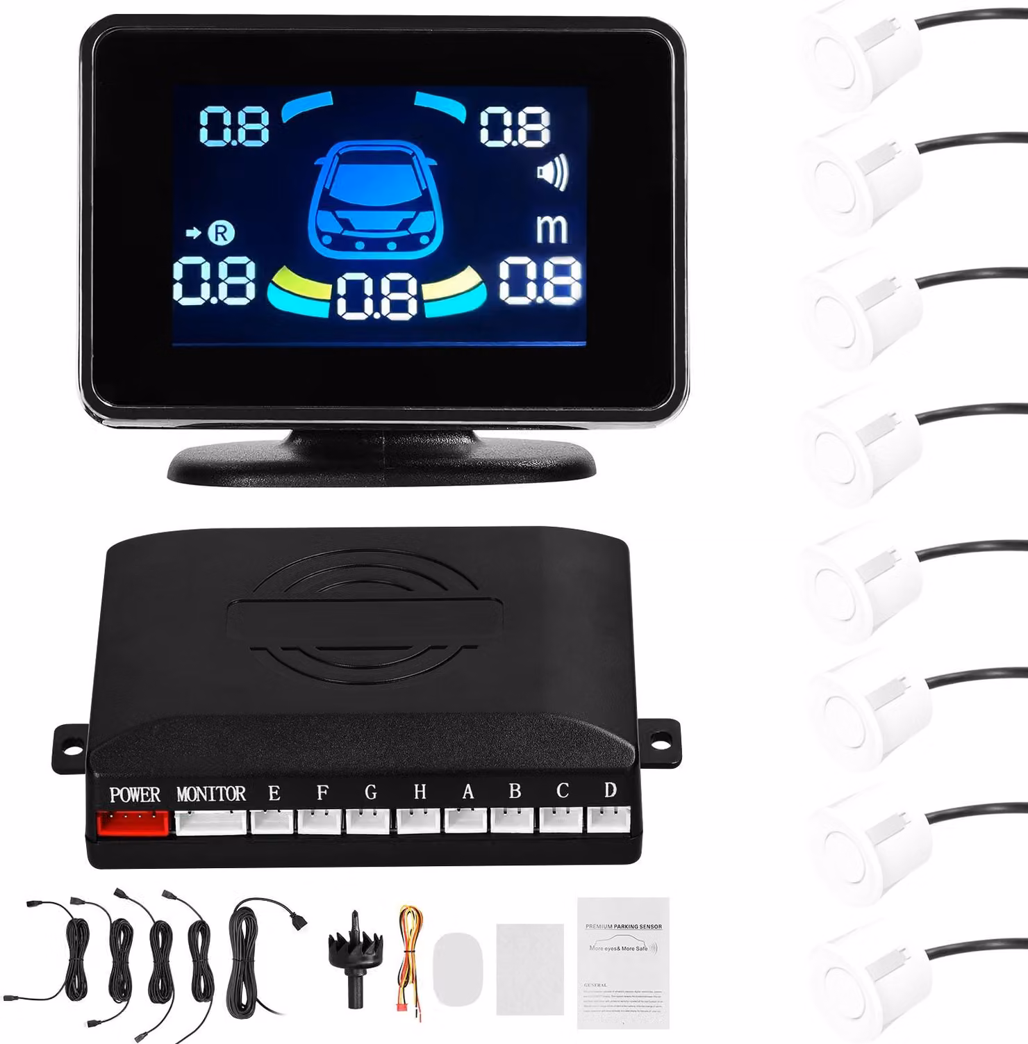 Sensore di parcheggio - Sistema radar di retromarcia Avvisatore acustico/buzzer/mute anteriore e posteriore di supporto con 8 sensori Rilevamento della distanza Display LCD Volumi regolabili