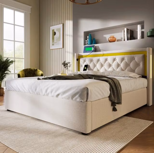 Letto matrimoniale 140x200 cm con LED e ricarica USB+Type C; cotone beige (Senza materasso)