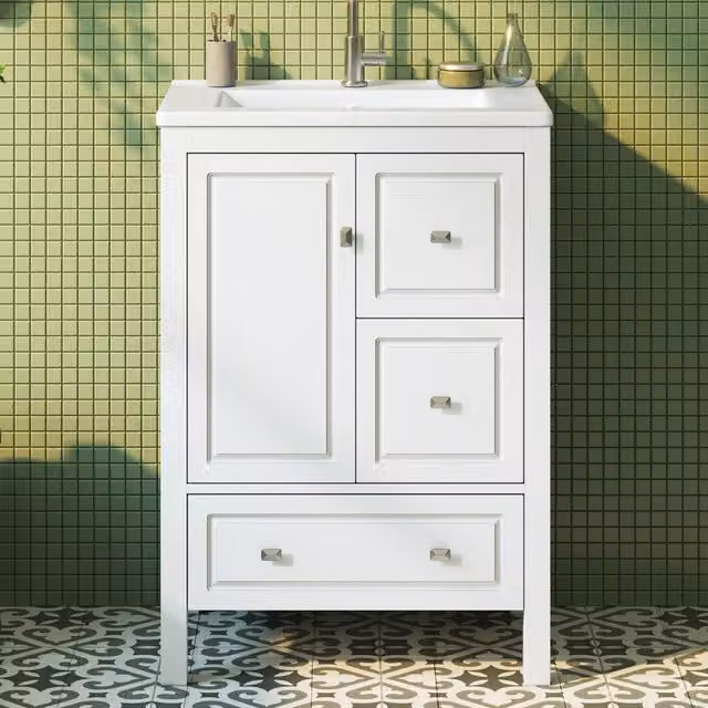Mobile lavabo da bagno 62x47x90 cm, bianco, con lavandino in ceramica e superficie laccata. Ampio spazio contenitore, guide silenziose e cerniere soft-close.