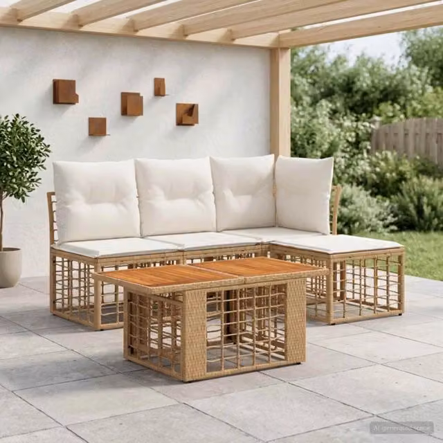 Set Divano da Giardino 5 pz Naturale e Bianco Crema polyrattan 3437854