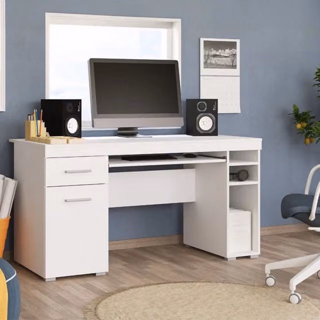 Scrivania Massafra DMORA con un cassetto, Bianco Opaco, L: 145 cm, P: 65.5 cm, H: 75.5 cm