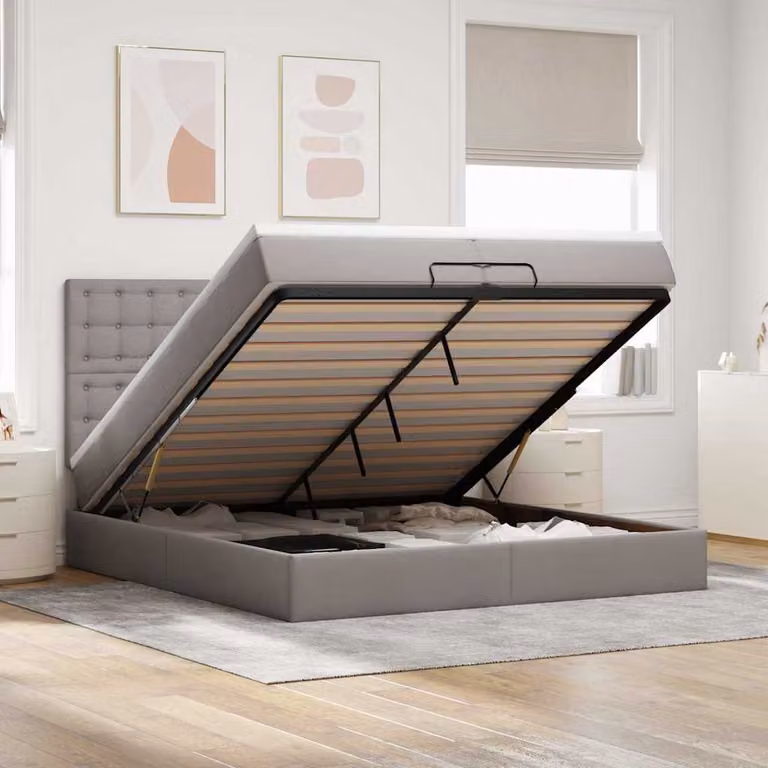 Letto matrimoniale con contenitore a sollevamento vidaXL in tessuto beige, grigio e bianco, L 200 x P 200 x H 28 cm