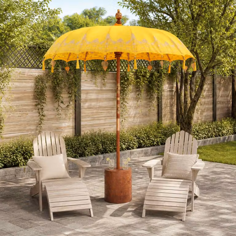 Ombrello balinese con base vidaXL, Giallo e marrone, L: 190 cm, P: 190 cm, H: 295 cm