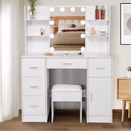 Tavolo da trucco con illuminazione - Scrittoio da trucco con 6 cassetti e 3 pannelli - Bianco - 131 x 80 x 36 cm - Camera da letto - Specchio scorrevole