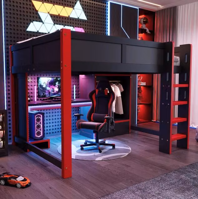 Letto a soppalco gaming 140x200 cm con LED RGB; scrivania; armadio; scaffali e scala; nero e rosso