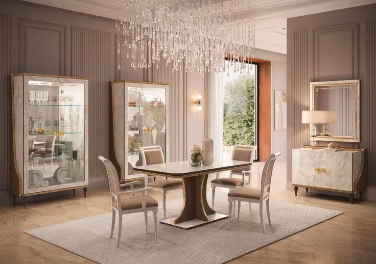 Elegante set da pranzo 9 pezzi (tavolo da pranzo + 4 sedie + 2 vetrine + consolle + specchio)