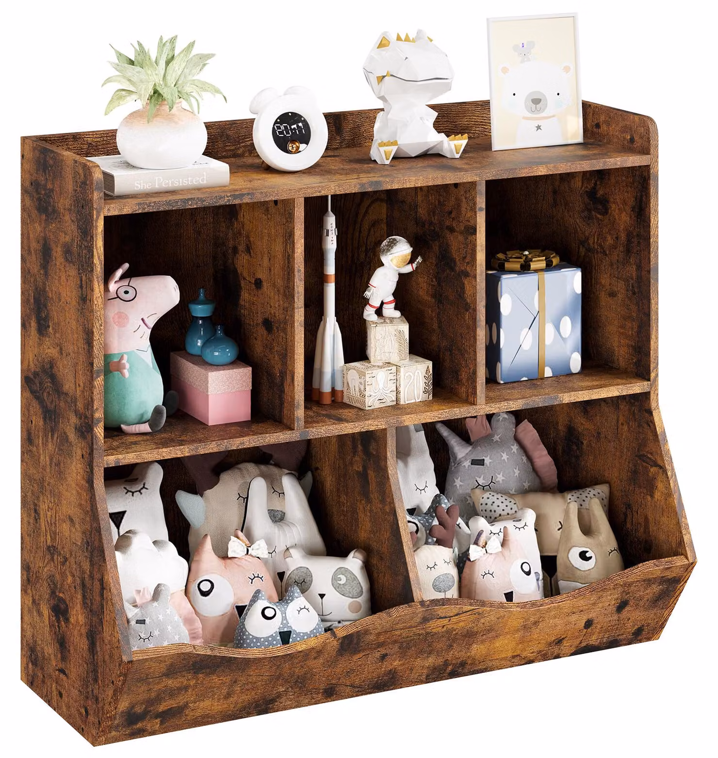 Scaffale per bambini a 2 livelli con 5 scomparti – Organizzatore per giocattoli e libri per la cameretta dei più piccoli (color marrone rustico)