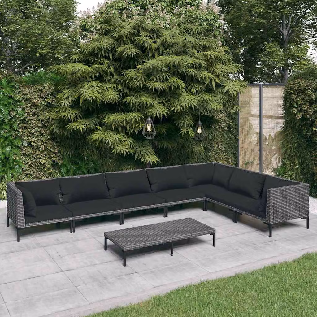 Set da giardino vidaXL composto da 8 pezzi con divano ad angolo a L, tavolino e cuscini in polyrattan grigio antracite e struttura in acciaio verniciato a polvere