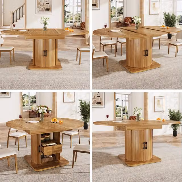 Tavolo da Pranzo Rotondo Allungabile con Cassetti ¨C MINIMAL ¨C Marrone Scuro, 118-158 cm, 6 Persone