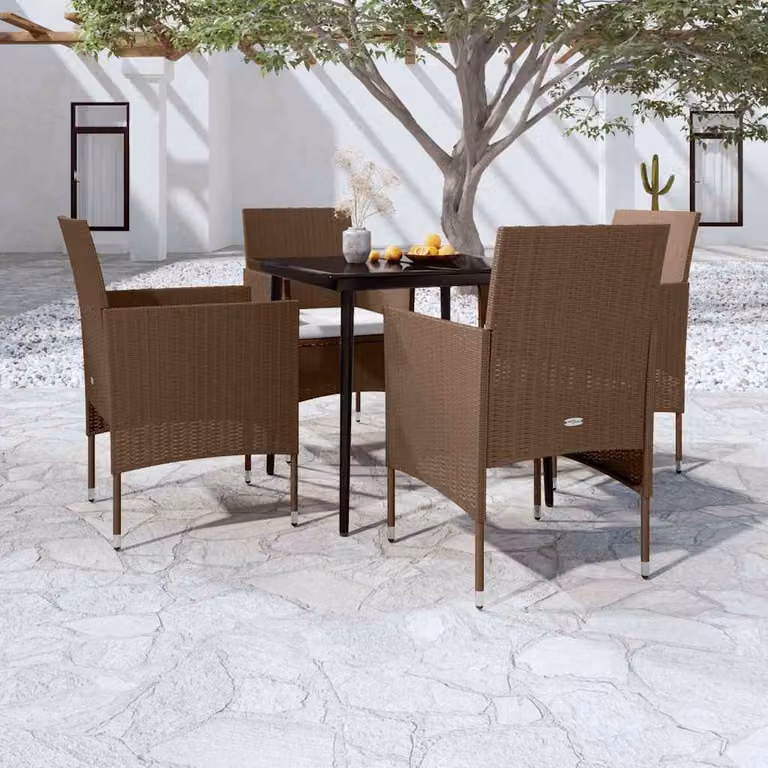 Set da pranzo da giardino vidaXL in rattan e vetro con 5 pezzi, marrone e nero