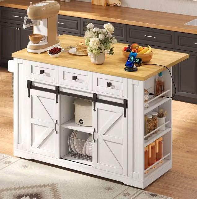 Isola da cucina con piano ribaltabile; ruote e prese USB; 130x50(80)x87 cm; bianco naturale