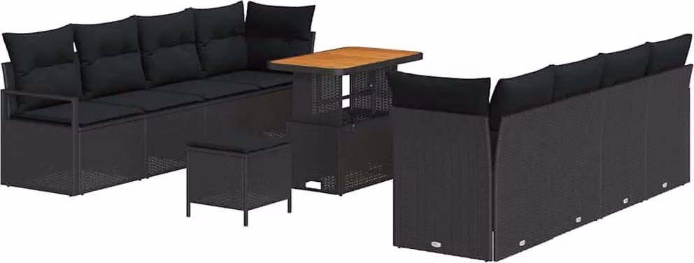 Set Divano da Giardino con cuscino 11 pcs Nero polyrattan