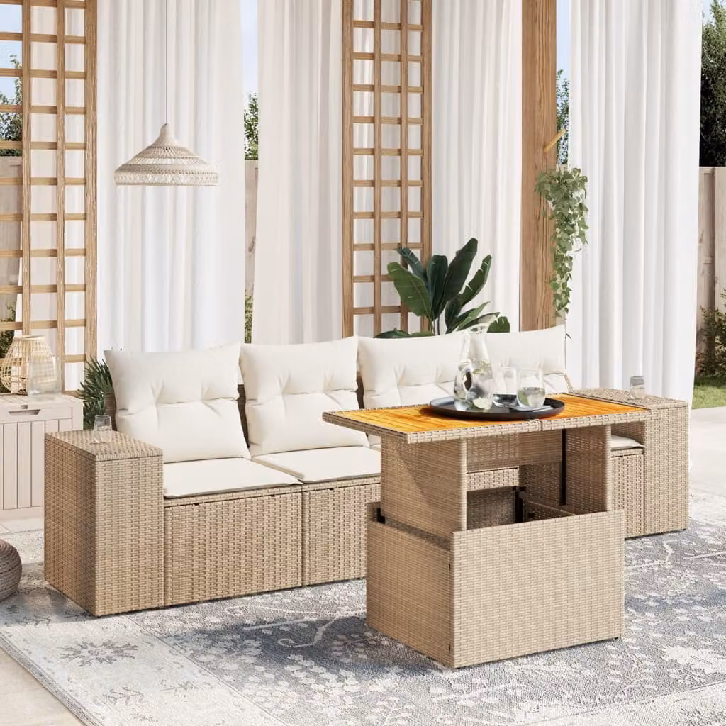 vidaXL Set Divano da Giardino 5 pz in Polyrattan con Cuscini Beige e Rivestimenti Rimovibili – 1