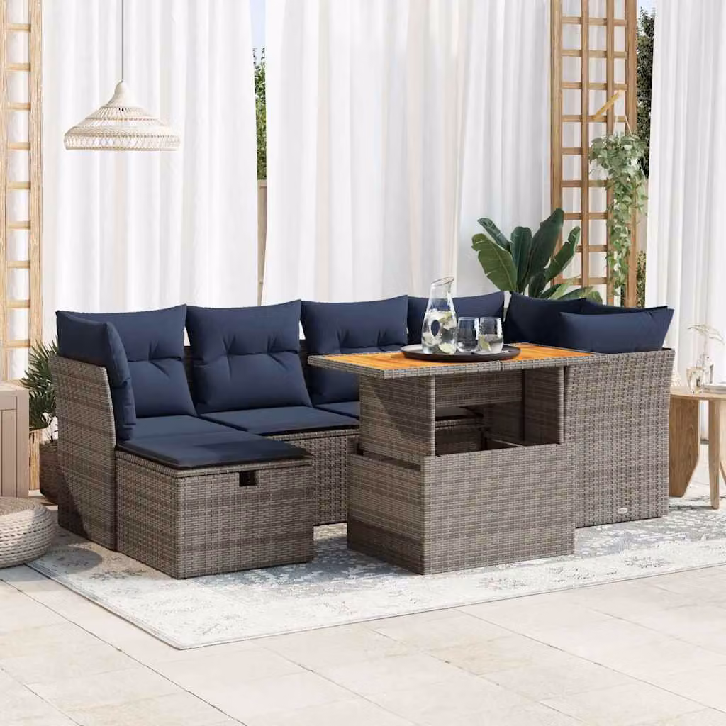 Set di divani da giardino vidaXL in rattan e legno di acacia con 7 cuscini, colore nero