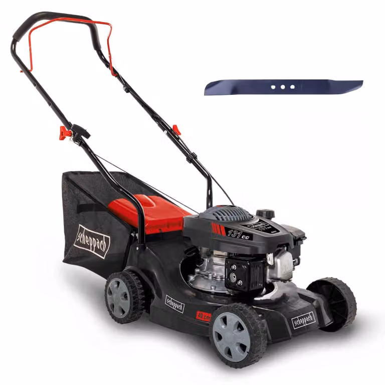 Tosaerba a benzina Scheppach MP132-40 | Potenza 3,3 CV | Larghezza di taglio 40 cm | Regolazione dell'altezza di taglio a 3 livelli | Cestello di raccolta da 35 litri | Lama di ricambio inclusa