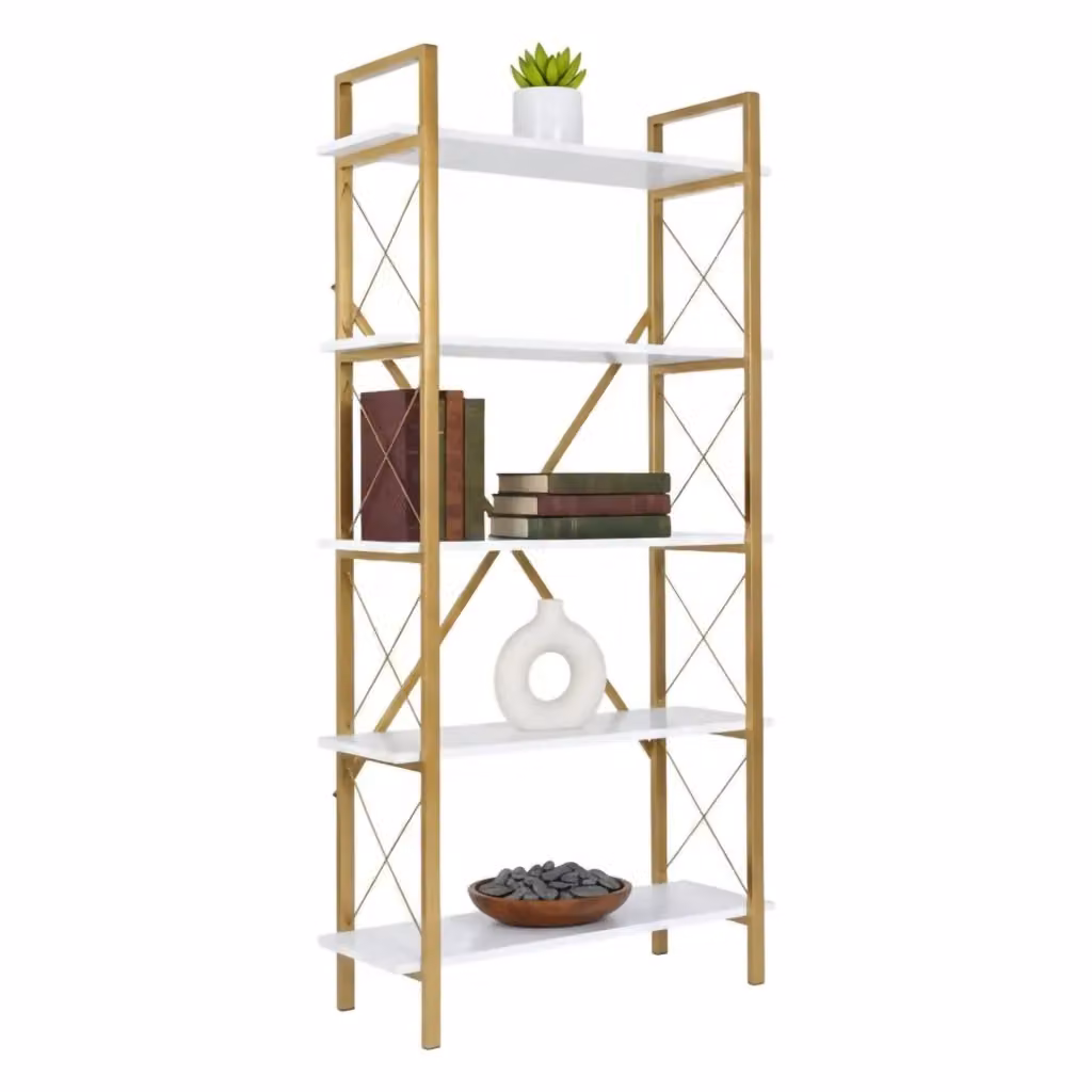 Libreria Suriel DMORA, Scaffale Moderno in Metallo per Ufficio e Soggiorno, Bianco e Oro, L: 90 cm, P: 34 cm, H: 180 cm – 2