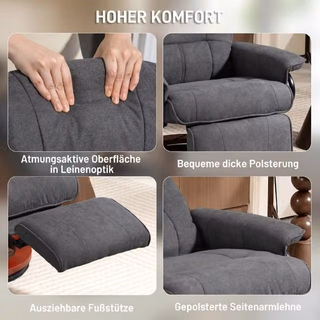 Poltrona relax girevole con schienale reclinabile e poggiapiedi rotazione a 360 gradi in tessuto effetto lino grigio
