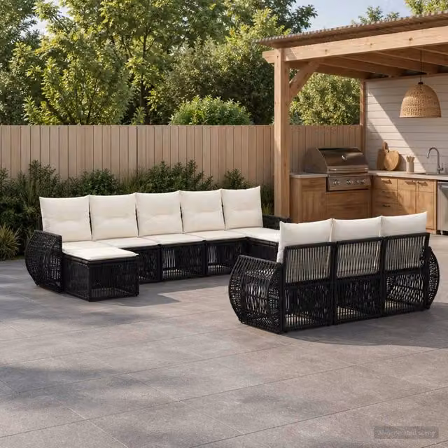 Set Divano da Giardino 10 pz Nero e Bianco Crema polyrattan 3435550