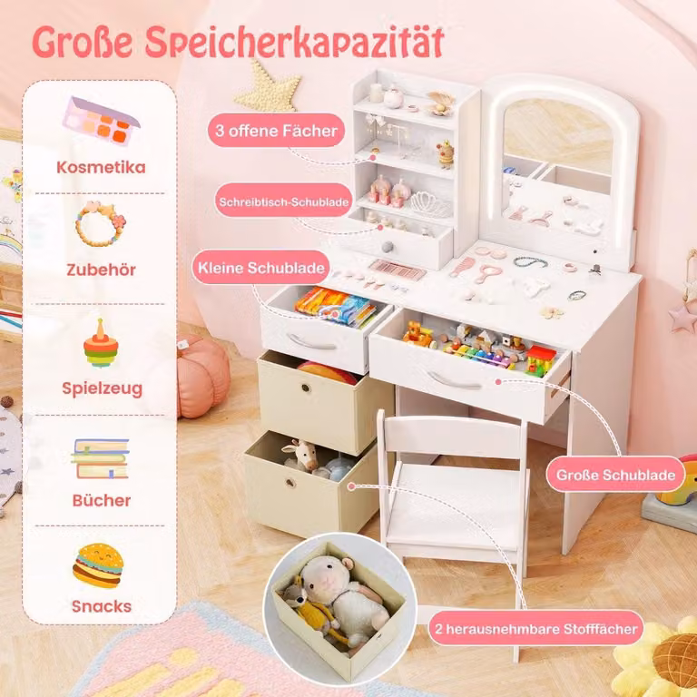 Toeletta per bambini con illuminazione Toeletta per bambini con specchio Toeletta Bianca