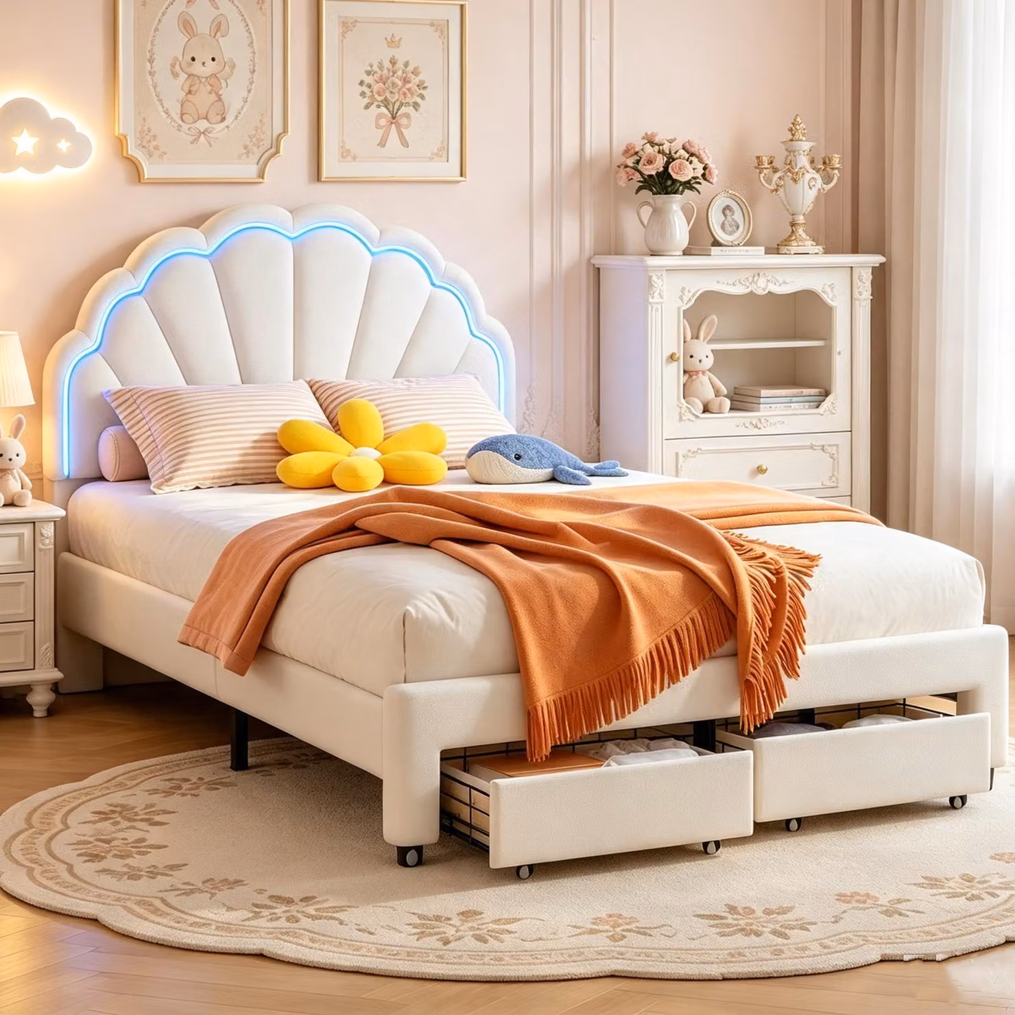 INONEFT, Letto per bambini imbottito, 140 x 200 cm, Letto matrimoniale con testiera a forma di petalo, Letto per adolescenti con illuminazione a LED, Struttura del letto, velluto, bianco