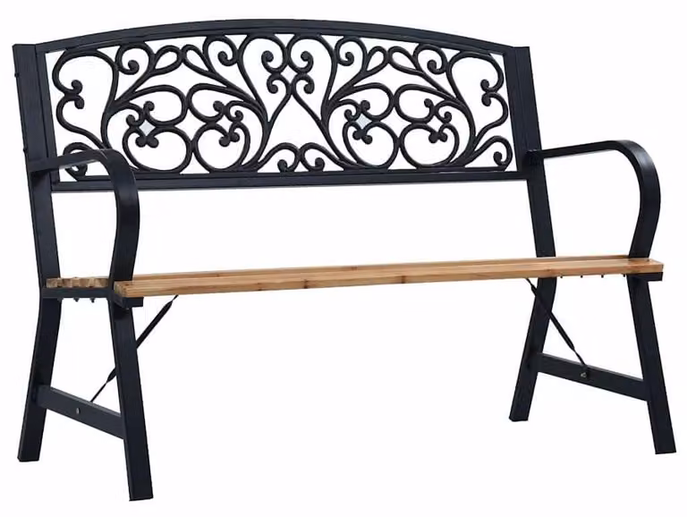 Panca da giardino in legno massello, 120 cm, con schienale in ghisa