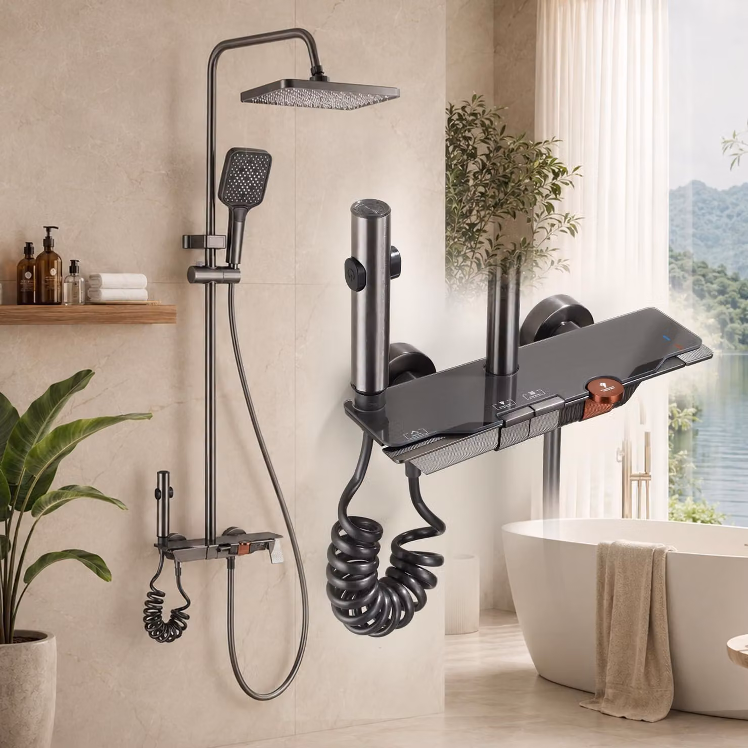 Sistema doccia con soffione a pioggia, doccetta manuale in ABS, barra regolabile da 67 a 107 cm, colore rosso