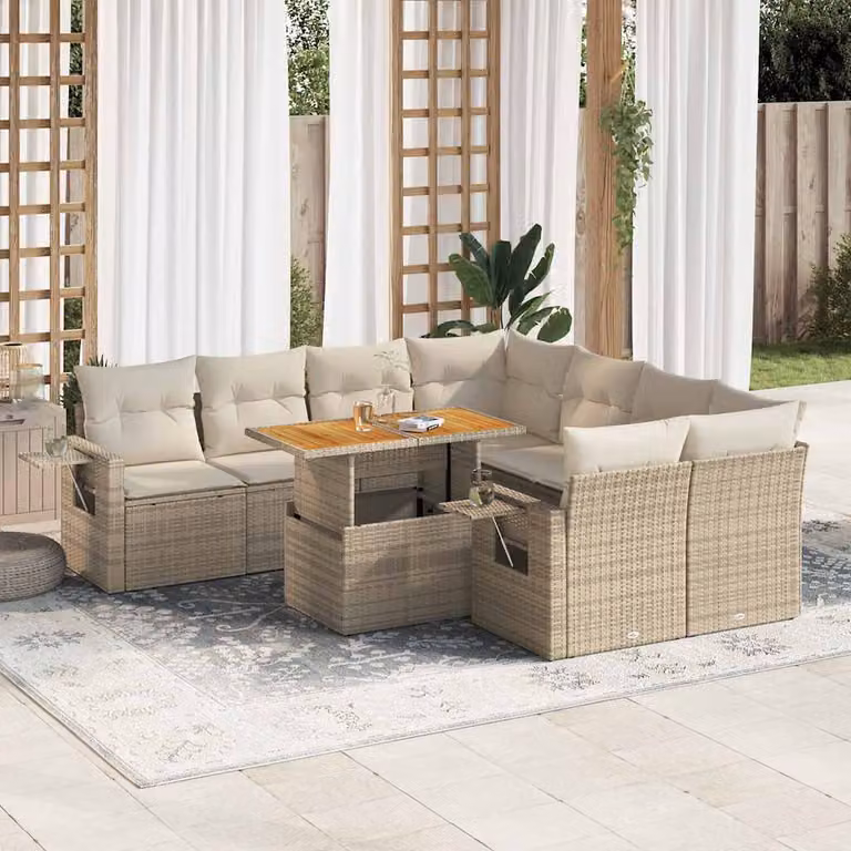 Set Divano da Giardino vidaXL 9 pz in Polyrattan e Legno di Acacia con Cuscini Beige e Bianchi