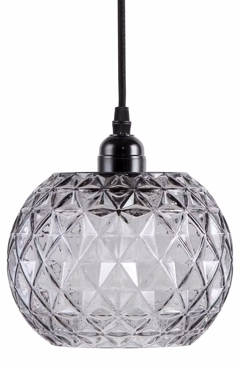 Lampada a sospensione Padiro, 18 x 18 x 18 cm - trasparente e grigio - vetro - vetro geometrico sfaccettato - attacco E27