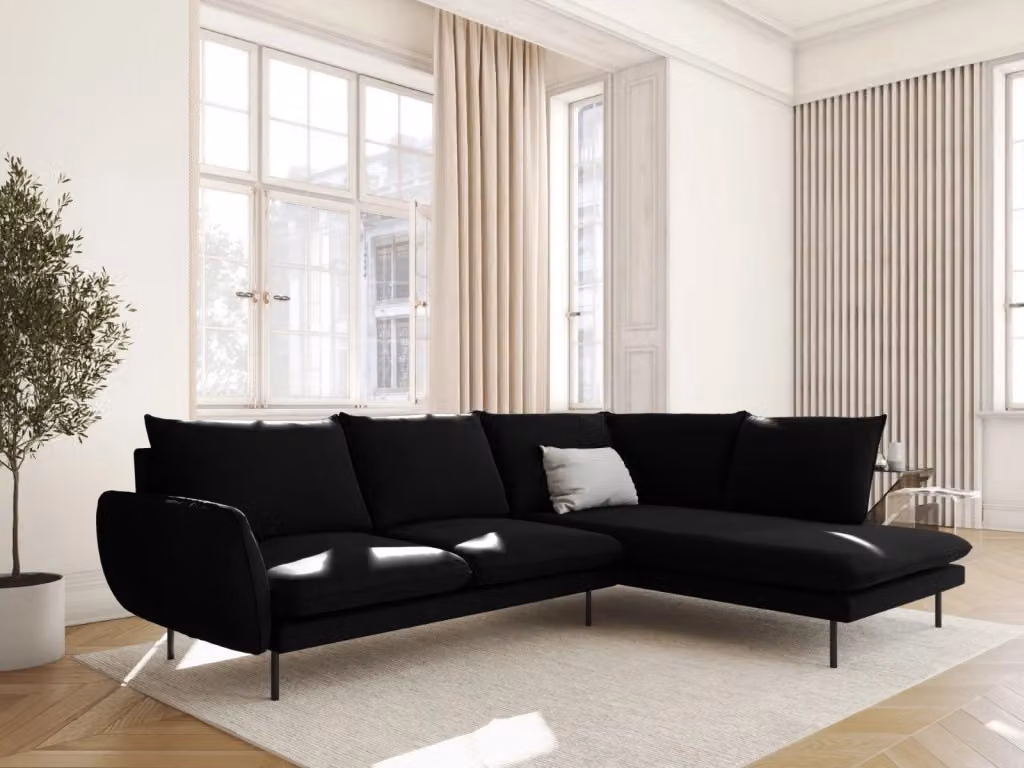 Divano angolare destro Vienna di Cosmopolitan Design in velluto nero da 6 posti con struttura in metallo L/P/H: 275 x 185 x 95 cm – 2