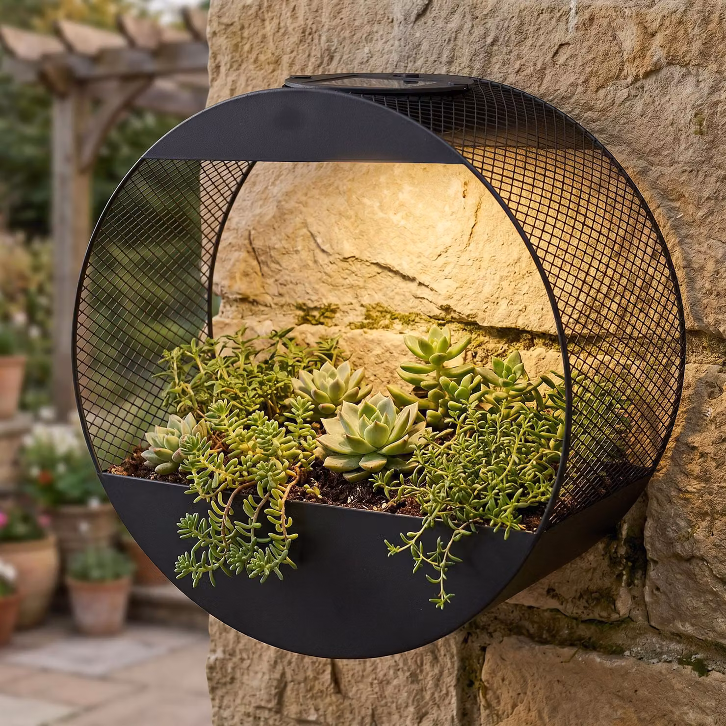 Lampada da parete solare Levandeo con vaso per fiori in metallo nero - Lampada da giardino a LED dal design industriale