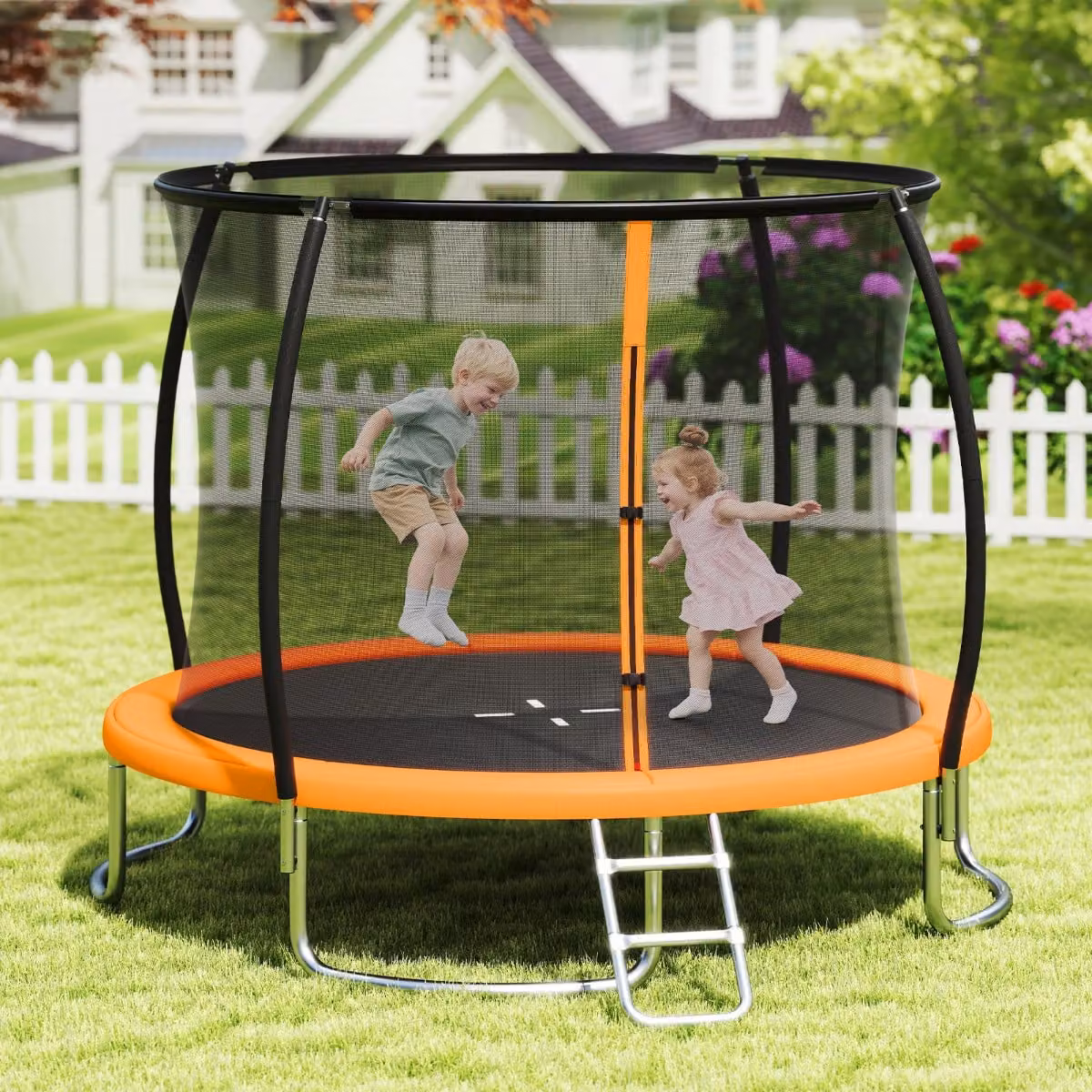 Costway Trampolino da esterno arancione con rete di sicurezza e scala per bambini e adulti