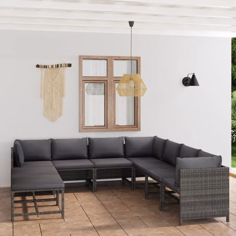 The Living Store Set da giardino 9 pezzi con cuscini in poly rattan grigio