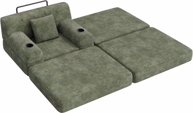 Poltrona letto singola verde in velluto con schienale alto, struttura in metallo, schiuma ad alta densità, portasciugamani e 4 tasche laterali