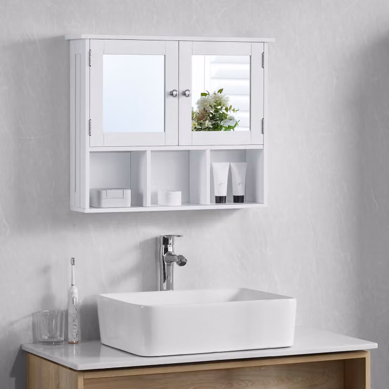 Mobile da bagno con 2 ante, cassetto, da montare a parete, colore bianco, dimensioni 50x60x14 cm