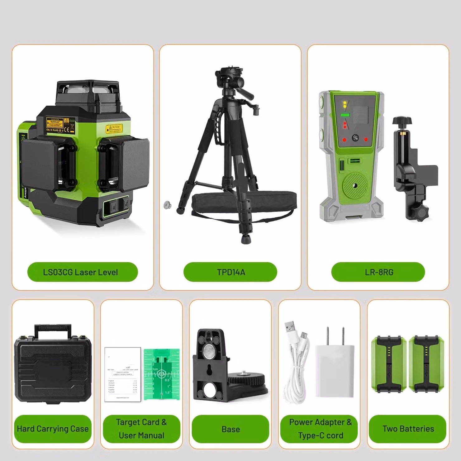 Livella laser 3D con 12 linee verdi, autonivelante, dotata di rilevatore e treppiede