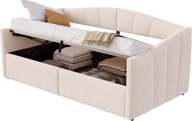 Divano letto contenitore 90x200 cm in velluto beige con alzata idraulica e braccioli， senza materasso
