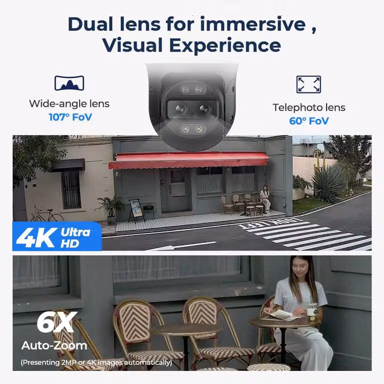 Telecamera di sicurezza – Telecamera PTZ a doppia lente 4K – Sorveglianza esterna – Rilevamento e tracciamento di oggetti tramite intelligenza artificiale – Visione notturna a colori