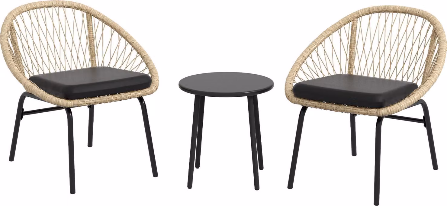Set da giardino in rattan Moonbite, composto da 3 pezzi: 2 poltrone e un tavolino da caffè con diametro di 40 cm. Set bistro con cuscini, resistente agli agenti atmosferici, ideale per balcone e terrazza. Materiale: rattan. Colore: giallo