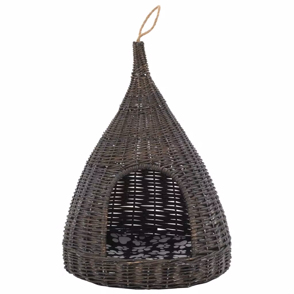 The Living Store Casa per gatti con cuscino grigio 40x60 cm Tipi di vimini naturali