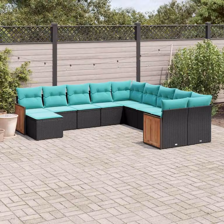 Set di divani da giardino vidaXL 11 pezzi a forma di U in rattan con cuscini colorati e struttura in metallo e legno di acacia