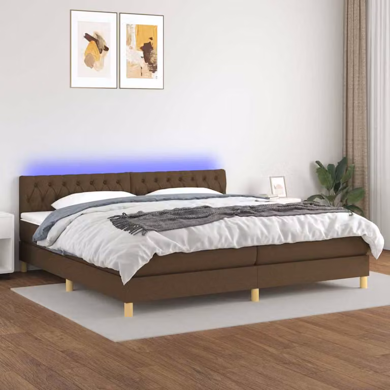 Letto a molle vidaXL con materasso e illuminazione LED, rivestito in tessuto marrone e bianco, L/P: 200 x 200 cm