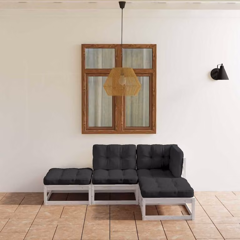 vidaXL Set di Divani da Giardino a L in Legno di Pino con Cuscini Antracite e Bianchi