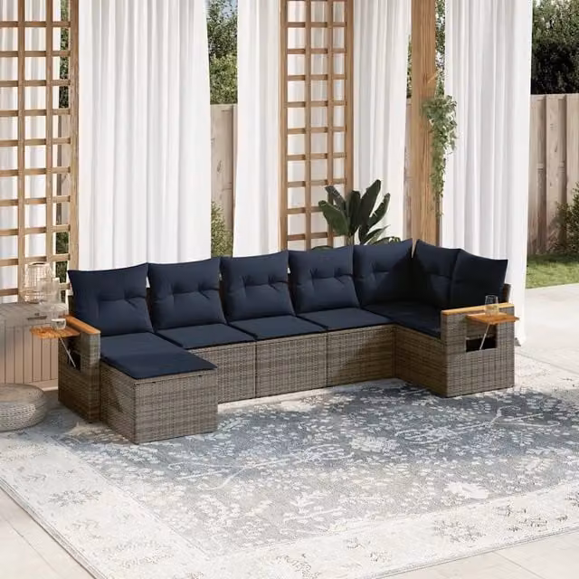 Set Divani da Giardino 7 pz con Cuscini Grigio in Polyrattan 3227034