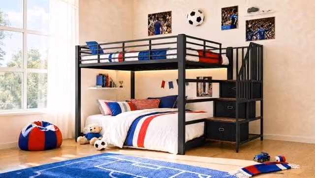 Letto a castello 140x200 cm in metallo e MDF nero con scala contenitore; LED e prese USB
