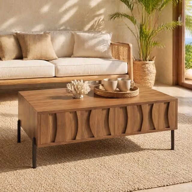 Tavolino da caffè retro con 2 cassetti 105x55x41 cm in MDF e truciolare; naturale
