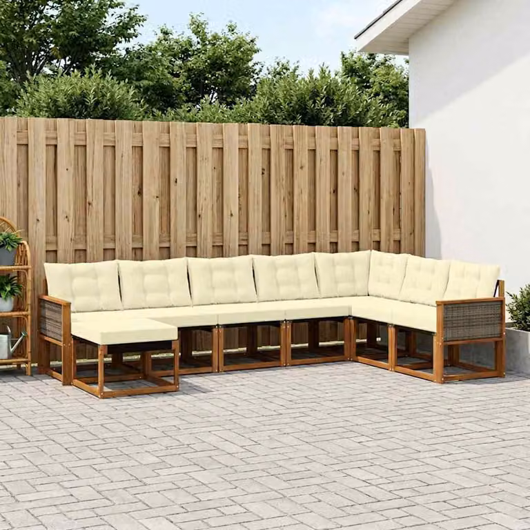 vidaXL Set di divani da esterno 8 pz in legno di acacia con cuscini beige e crema e pouf coordinati